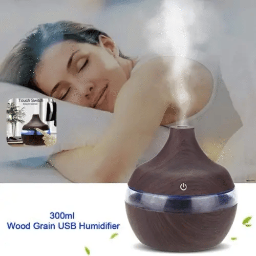 1+1 GRATIS: Difuzor Aromaterapie Cu Ultrasunete Si Umidificator Cu LED, 300 ml, Wenge + 12 uleiuri CADOU
