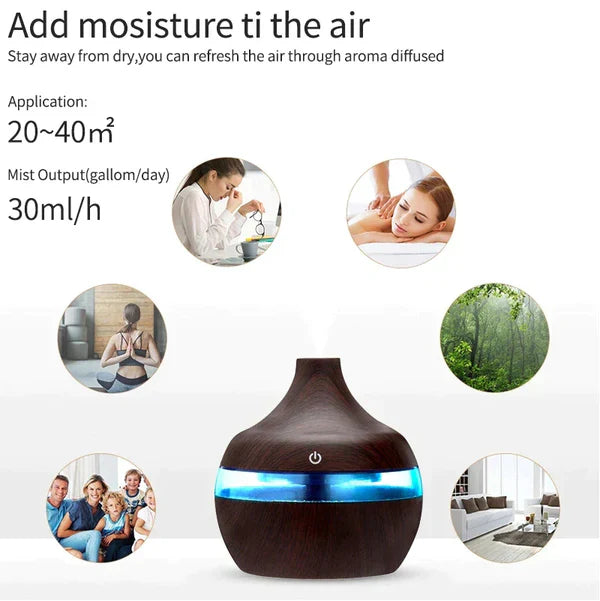 1+1 GRATIS: Difuzor Aromaterapie Cu Ultrasunete Si Umidificator Cu LED, 300 ml, Wenge + 12 uleiuri CADOU