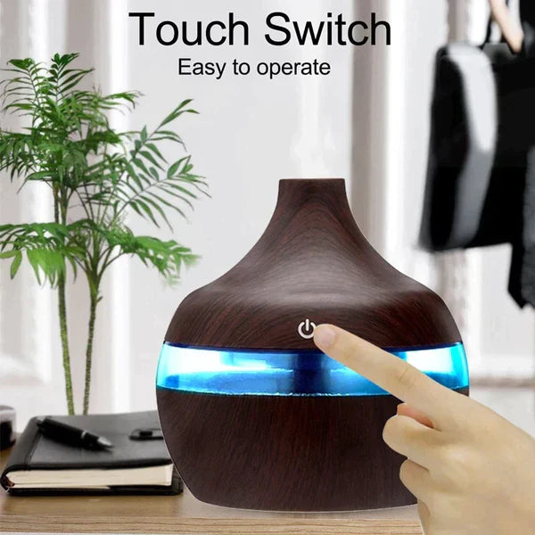 1+1 GRATIS: Difuzor Aromaterapie Cu Ultrasunete Si Umidificator Cu LED, 300 ml, Wenge + 12 uleiuri CADOU