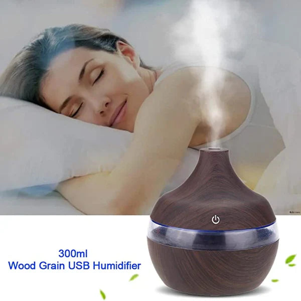 1+1 GRATIS: Difuzor Aromaterapie Cu Ultrasunete Si Umidificator Cu LED, 300 ml, Wenge + 12 uleiuri CADOU
